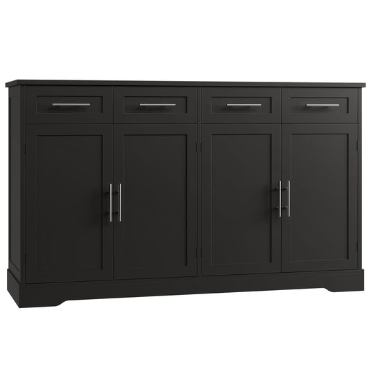 60" Large Buffet Sideboard with 4 Drawers and Storage, 36" Tall Modern Kitchen Cabinet with Silver Handles, Black