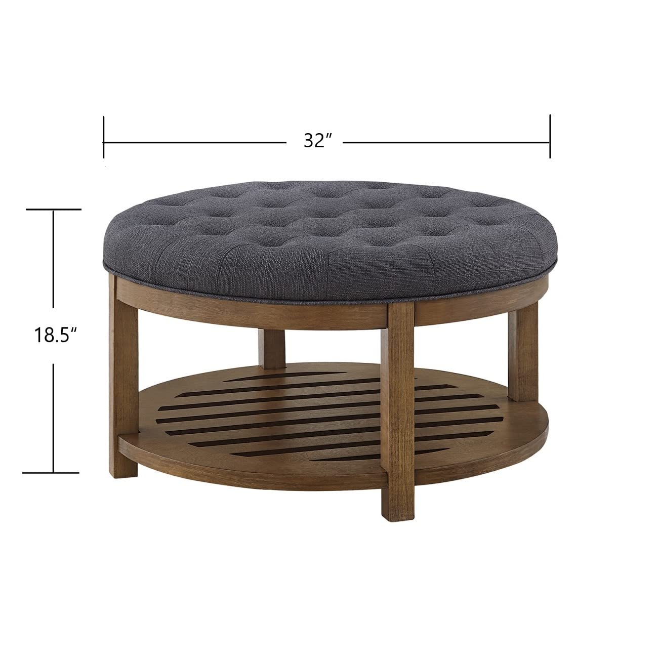 24KF Large Round Upholstered Tufted Linen Ottoman Coffee Table with Wooden Storage Shelf, Large Footrest Ottoman for Living Room, Charcoal