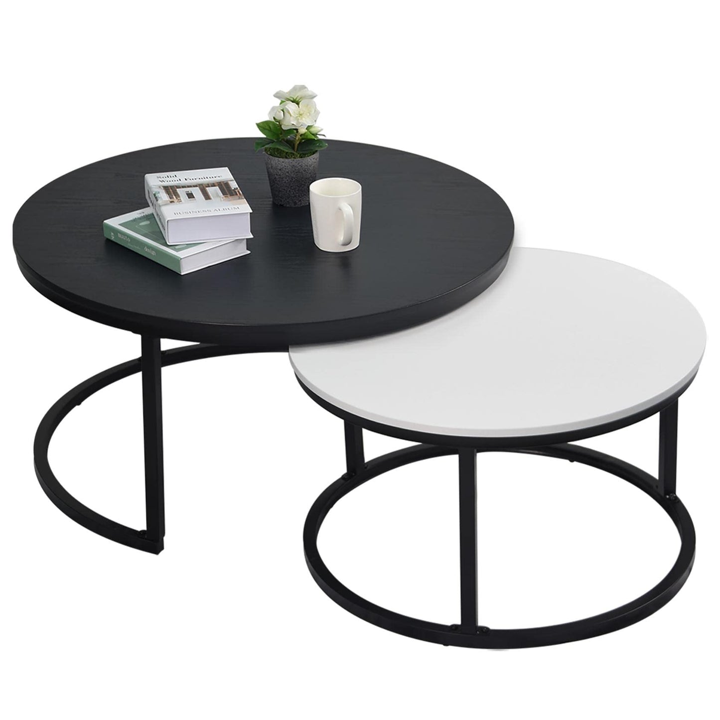 WiberWi Round Nesting Coffee Tables Set of 2 – Large Ø34", Small Ø26", Modern Metal Frame Side & End Tables for Living Room, Black & White