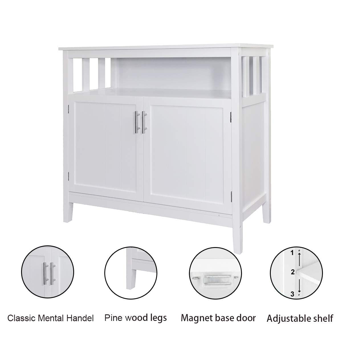 White Buffet Cabinet with 2 Doors and Adjustable Shelf, Kitchen Sideboard Storage Server or Console Table