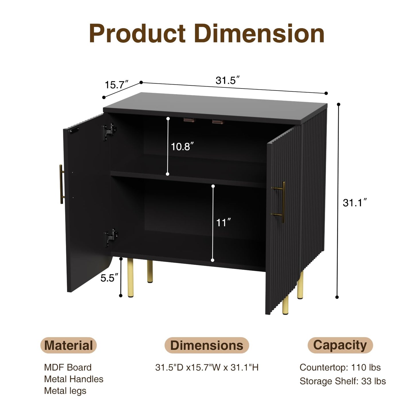 Buffet Cabinet with 2 Doors and Adjustable Shelf, Fluted Modern Sideboard Accent Cabinet for Living Room, Black