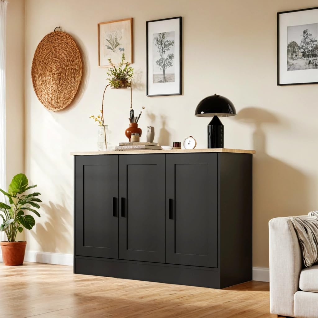 43" Black Buffet Cabinet with 3 Doors and Adjustable Shelf, Modern Coffee Bar Sideboard for Kitchen or Living Room