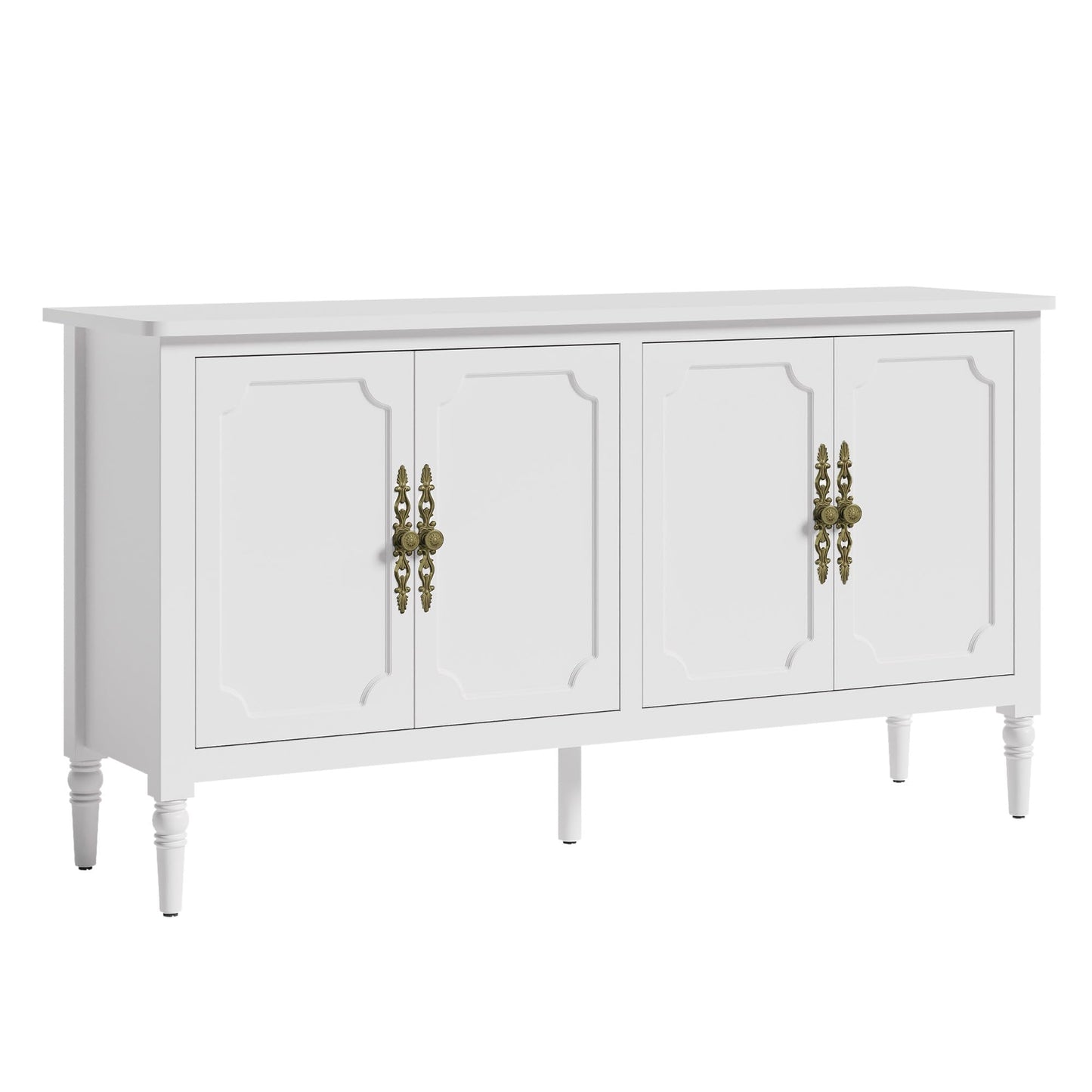 58" Mid-Century Modern Sideboard Buffet Cabinet with Storage and Solid Wood Legs, 4-Door Credenza for Entryway, Kitchen, or Living Room, Satin White