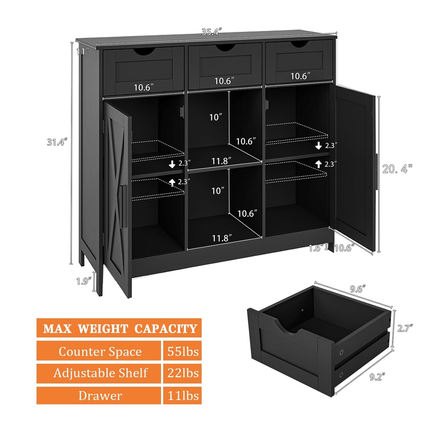Storage Cabinet with 2 Doors, 3 Drawers, and 2 Adjustable Shelves, Coffee Bar Sideboard for Bathroom, Kitchen, or Living Room, Black
