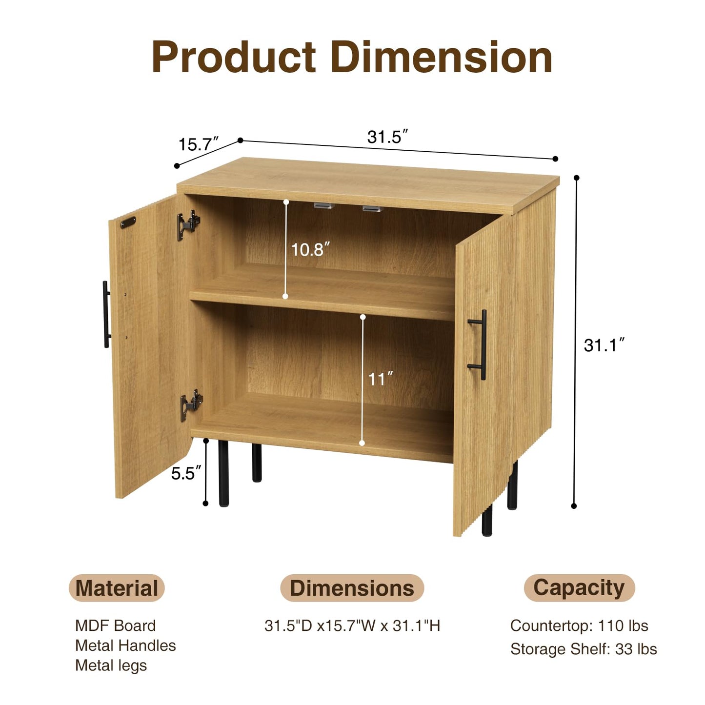 Buffet Cabinet with 2 Doors and Adjustable Shelf, Fluted Modern Sideboard Accent Cabinet for Living Room, Natural
