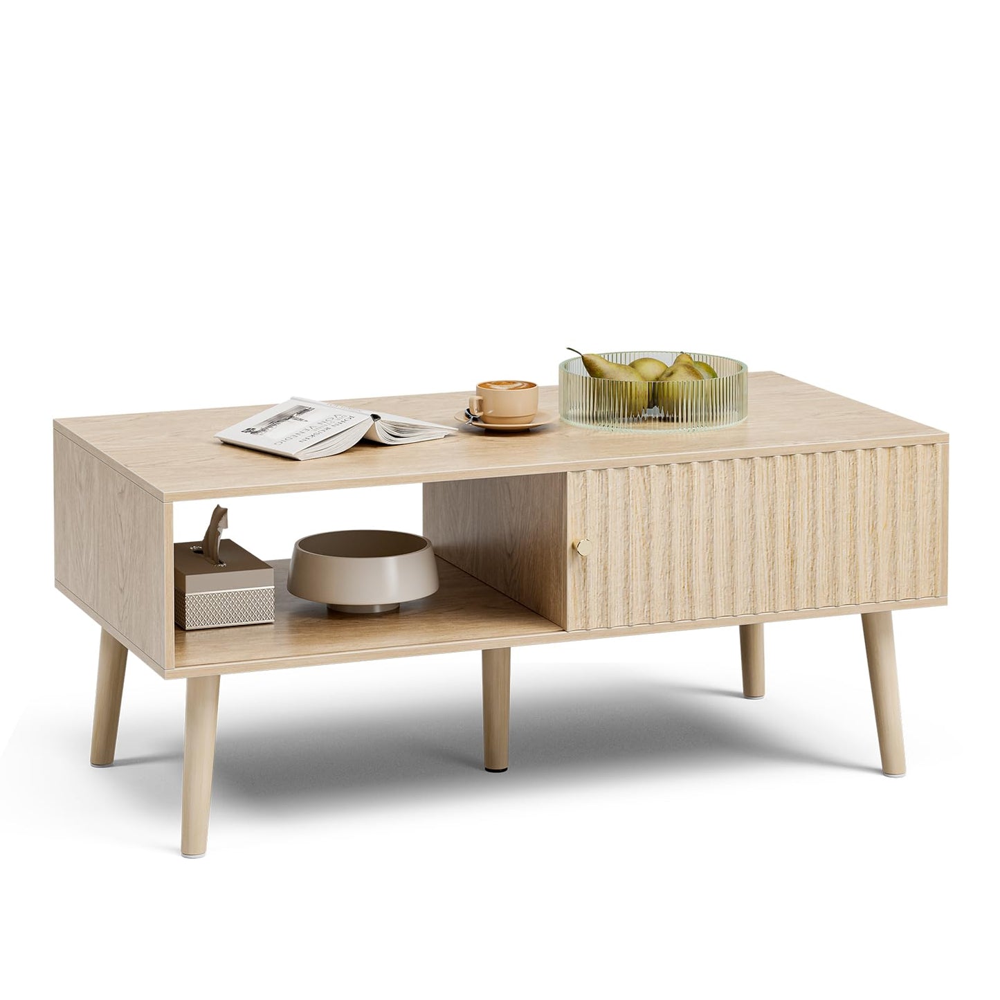 Boho Coffee Table with Storage – Sliding Fluted Door & Solid Wood Legs, Small Center Table for Living Room, Oak