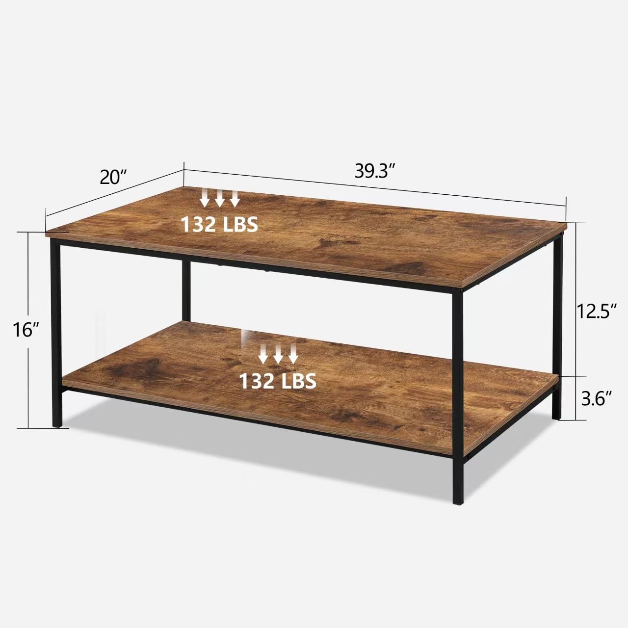 2-Tier Coffee Table with Storage Shelf, Brown Wood and Metal Frame Rectangle Table for Living Room, 39.3"x20"x16"