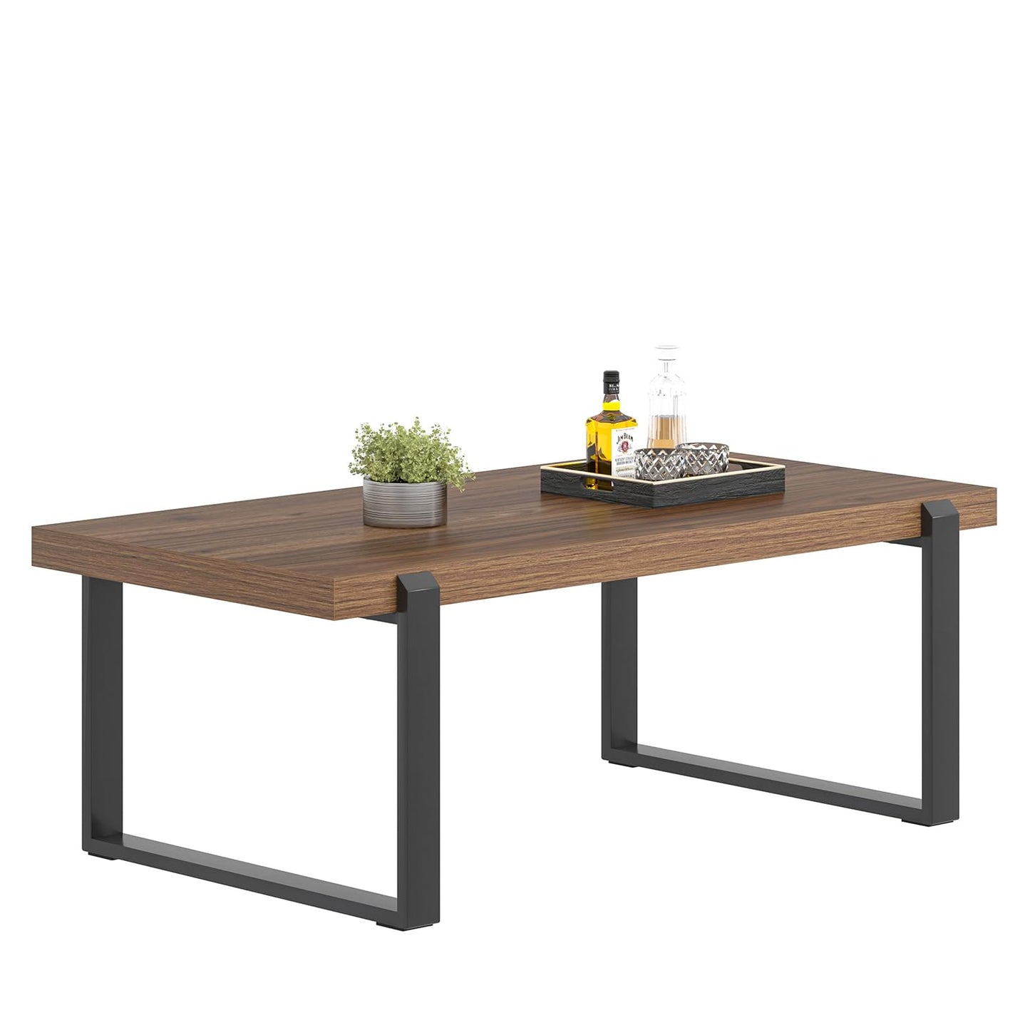 FOLUBAN 47" Modern Coffee Table – Rustic Walnut Wood and Metal Industrial Rectangle Center Table for Living Room