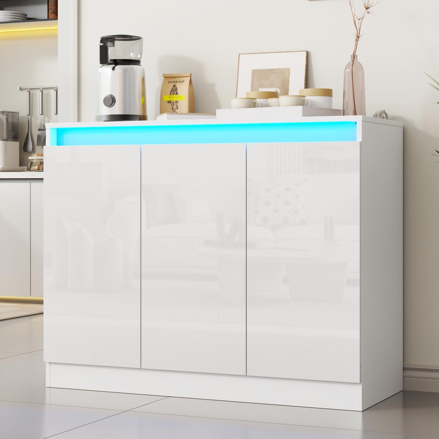High Gloss Buffet Cabinet with LED Lights and Charging Station, Modern Handleless Sideboard Coffee Bar with 3 Doors for Living Room or Entryway, White
