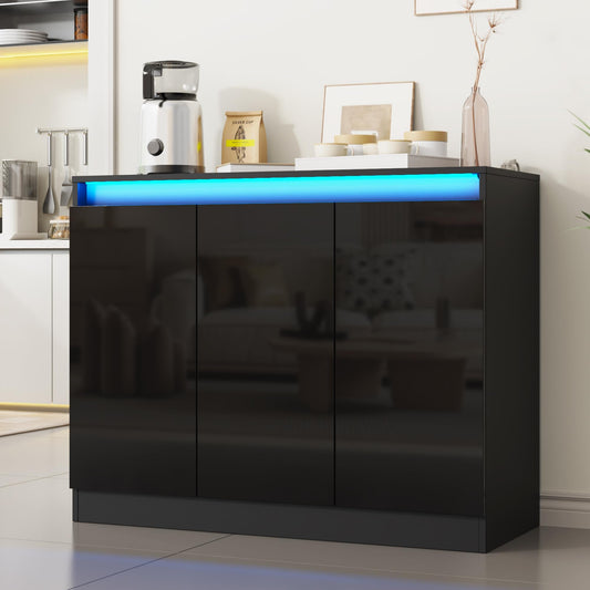 High Gloss Buffet Cabinet with LED Lights and Charging Station, Modern Handleless Sideboard Coffee Bar with 3 Doors for Living Room or Entryway, Black