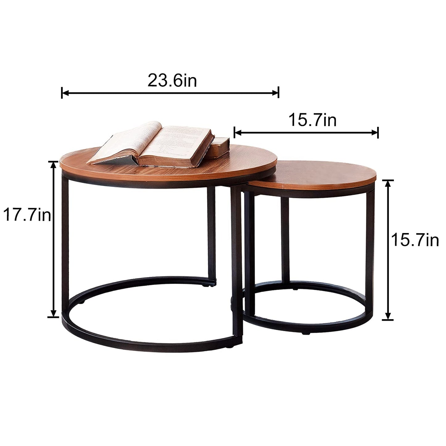 Nesting Coffee Table Set of 2, Round End Tables with Sturdy Metal Frame for Living Room or Bedroom, Modern Industrial Style