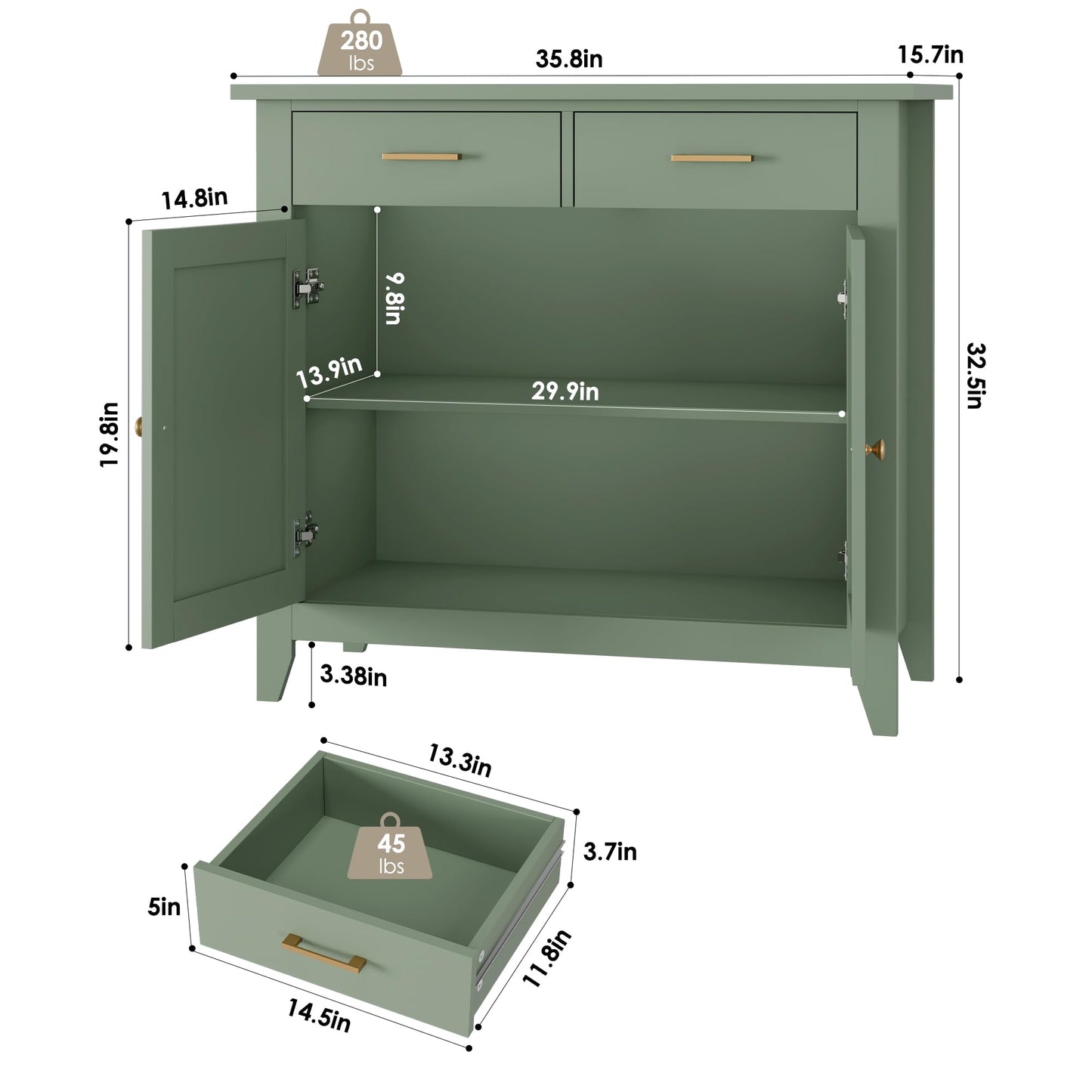 HORSTORS Modern Farmhouse Buffet Cabinet with Storage, Kitchen Sideboard Coffee Bar with 2 Drawers and 2 Doors, Floor Storage Cabinet for Living Room, Dining Room, or Bathroom, Green