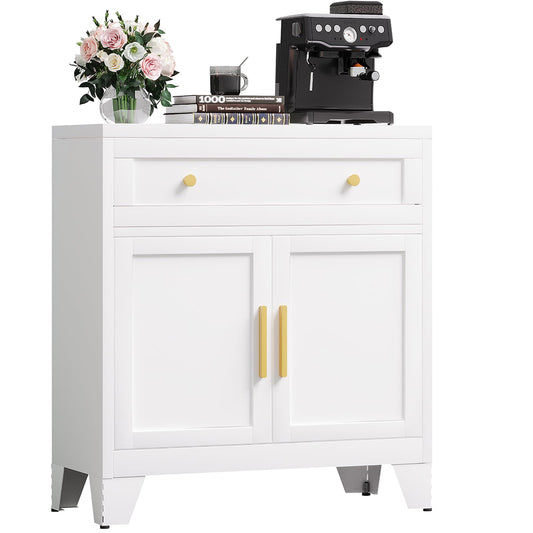 Metal Sideboard Cabinet with Large Drawers and Adjustable Shelf, Farmhouse Coffee Bar Buffet Storage for Kitchen, Dining Room, or Entryway, White