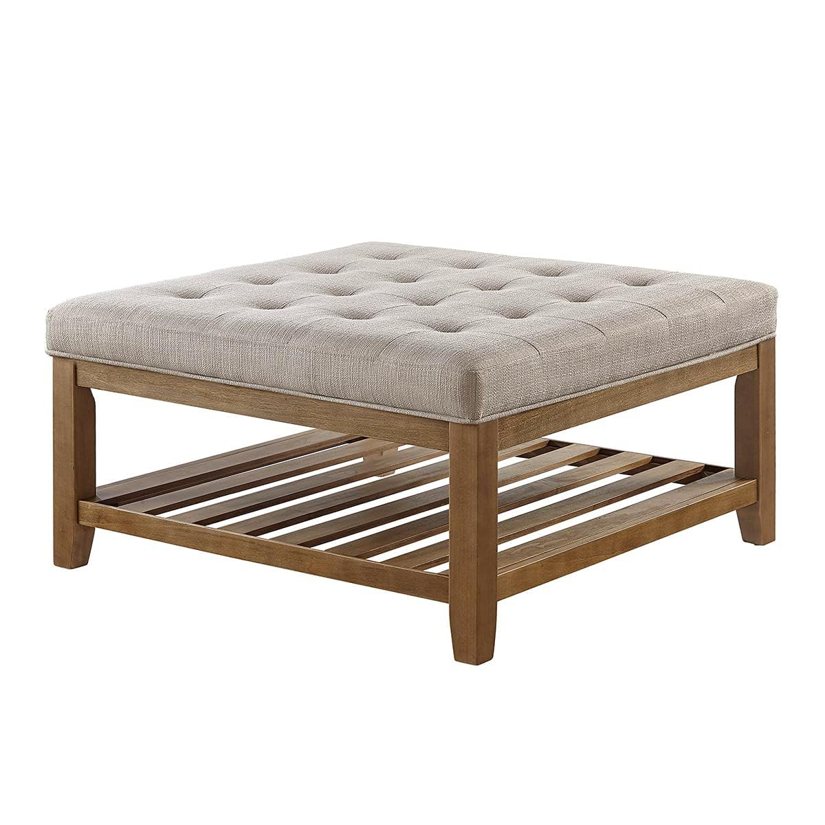 24KF Large Square Upholstered Tufted Linen Ottoman Coffee Table with Solid Wood Storage Shelf, Large Footrest Ottoman for Living Room, Linen