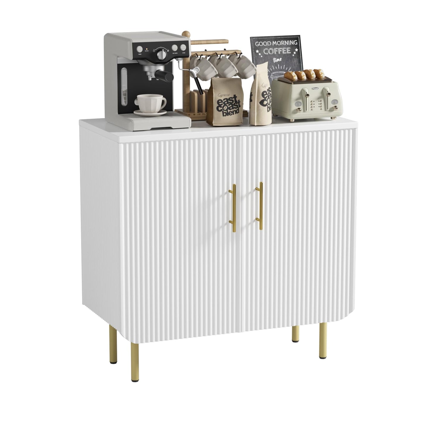 Buffet Cabinet with 2 Doors and Adjustable Shelf, Fluted Modern Sideboard Accent Cabinet for Living Room, White