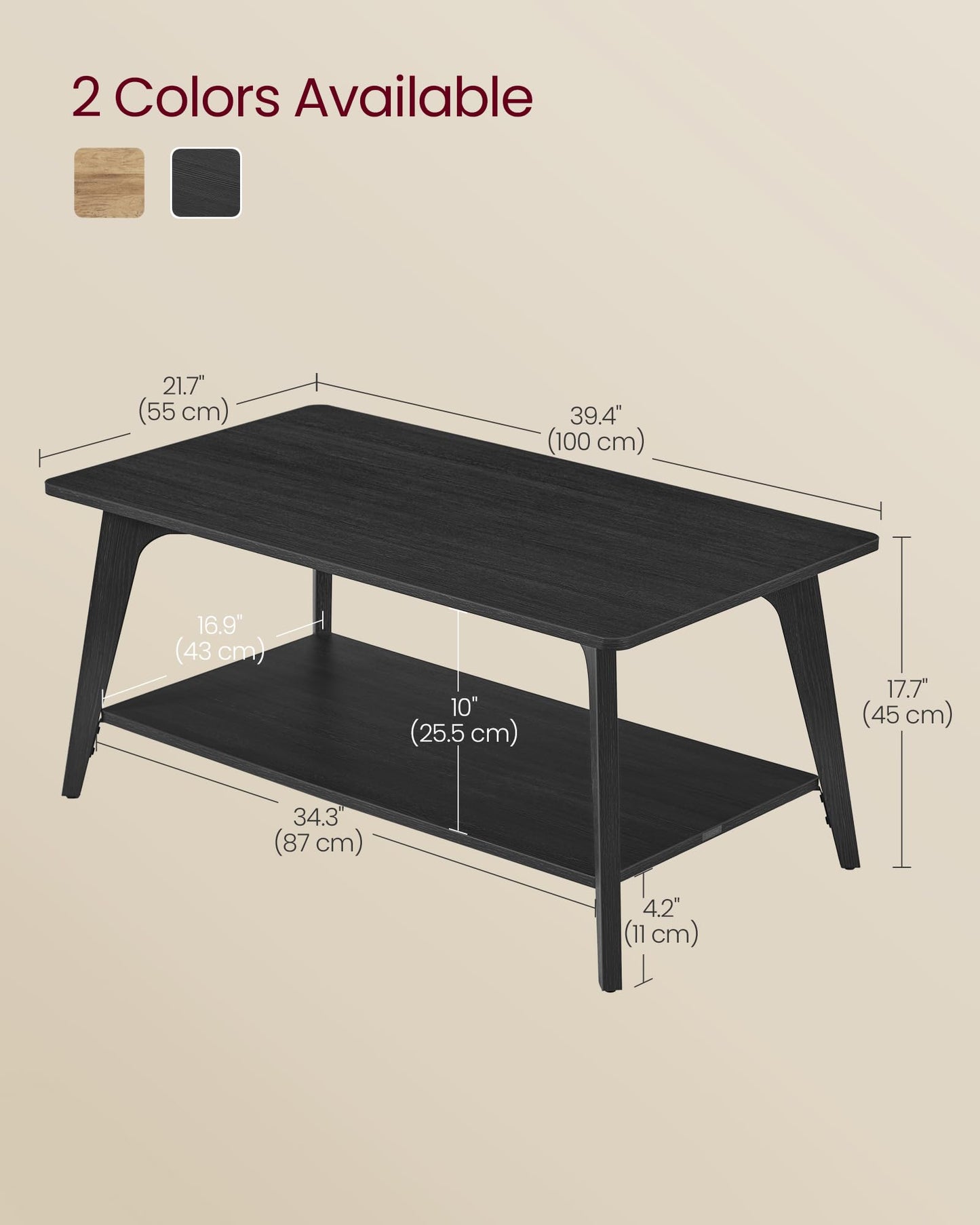 VASAGLE MAEZO Collection 2-Tier Coffee Table with Storage, Tapered Legs & Curved Transitions – 21.7" x 39.4" x 17.7" Modern Center Table for Living Room, Easy Assembly, Charcoal Gray (ULCT249B01)