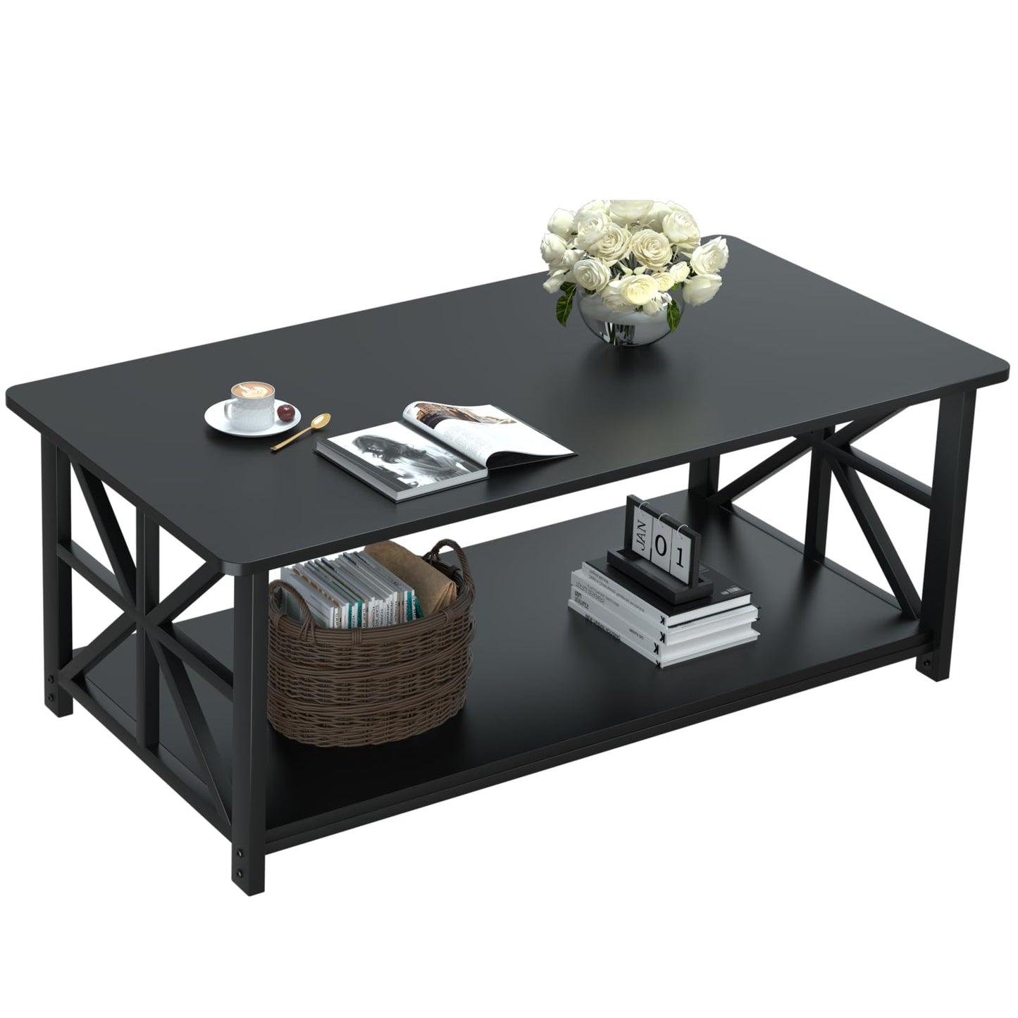 GreenForest 39" Coffee Table with Round Corners, Farmhouse Center Table with 2-Tier Storage Shelf & X-Frame Design for Living Room, Black