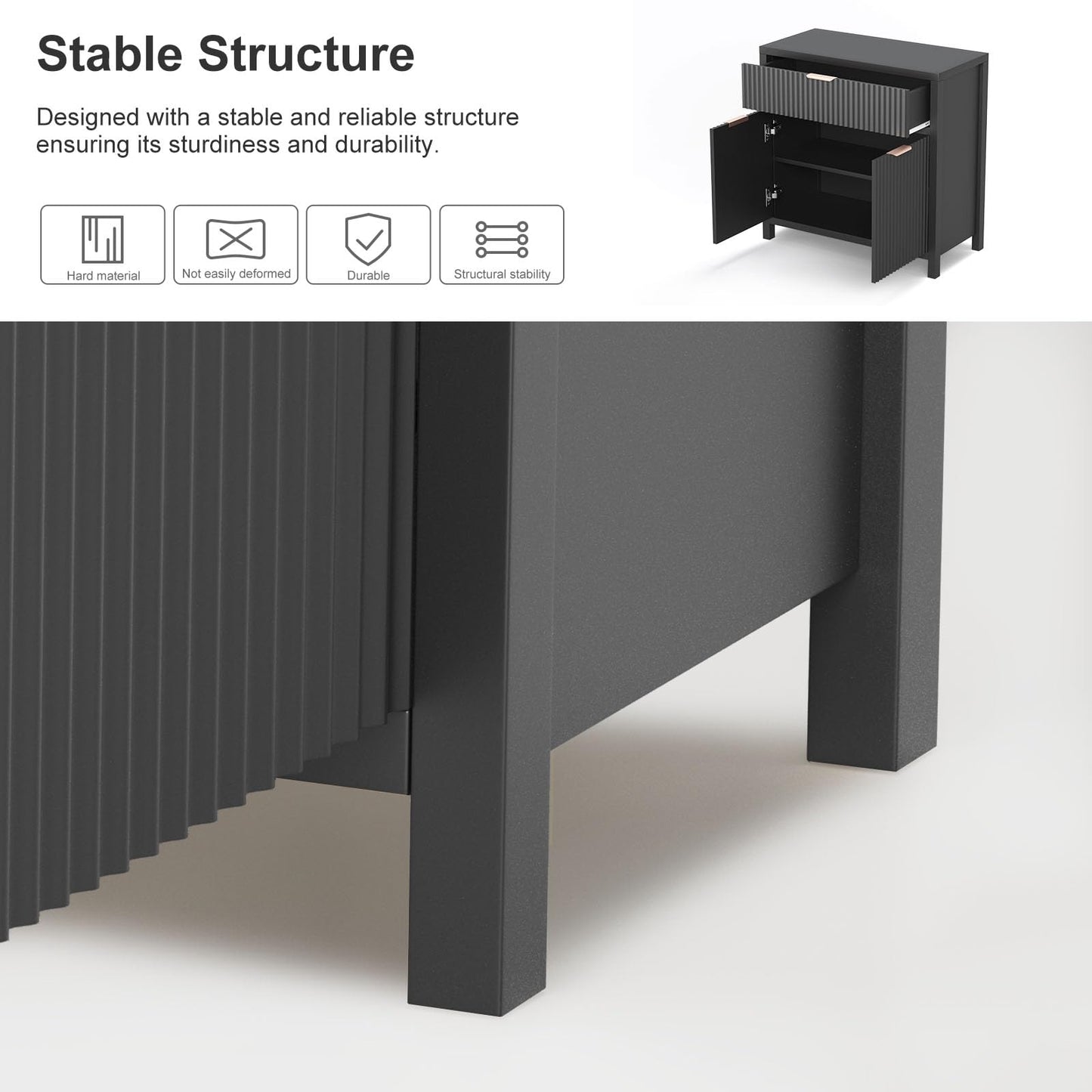 Fluted Storage Cabinet, Sideboard Buffet with Storage, 2 Door 1 Drawer Adjustable Shelf, Accent Cabinet, Console Tables, Credenzas for Living Room, Entryway Table Black