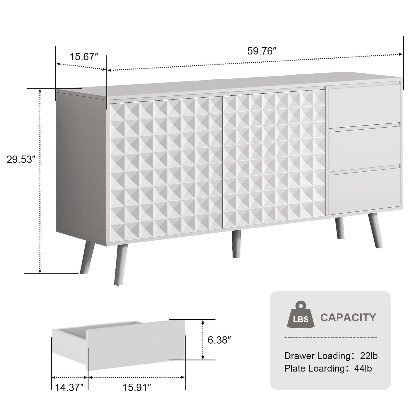 **59.8" Large Buffet Sideboard Cabinet with 2 Doors and 3 Drawers, Diamond-Pattern Console with Adjustable Shelves for Kitchen or Dining Room**