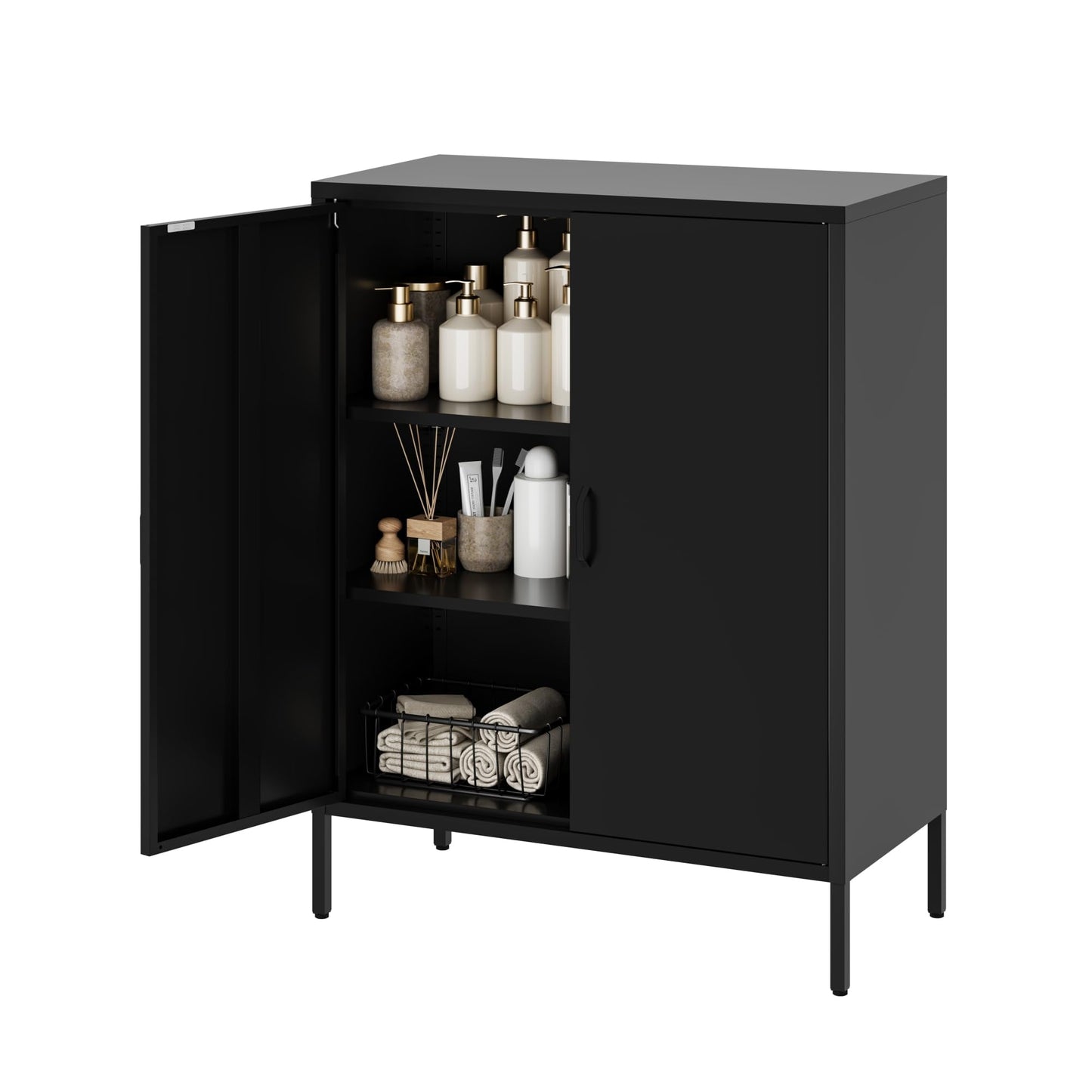 Metal Locker Storage Cabinet with 2 Doors and 4 Shelves, 39.96" Steel Floor Cabinet for Office, Home, Garage, Gym, or School, Black