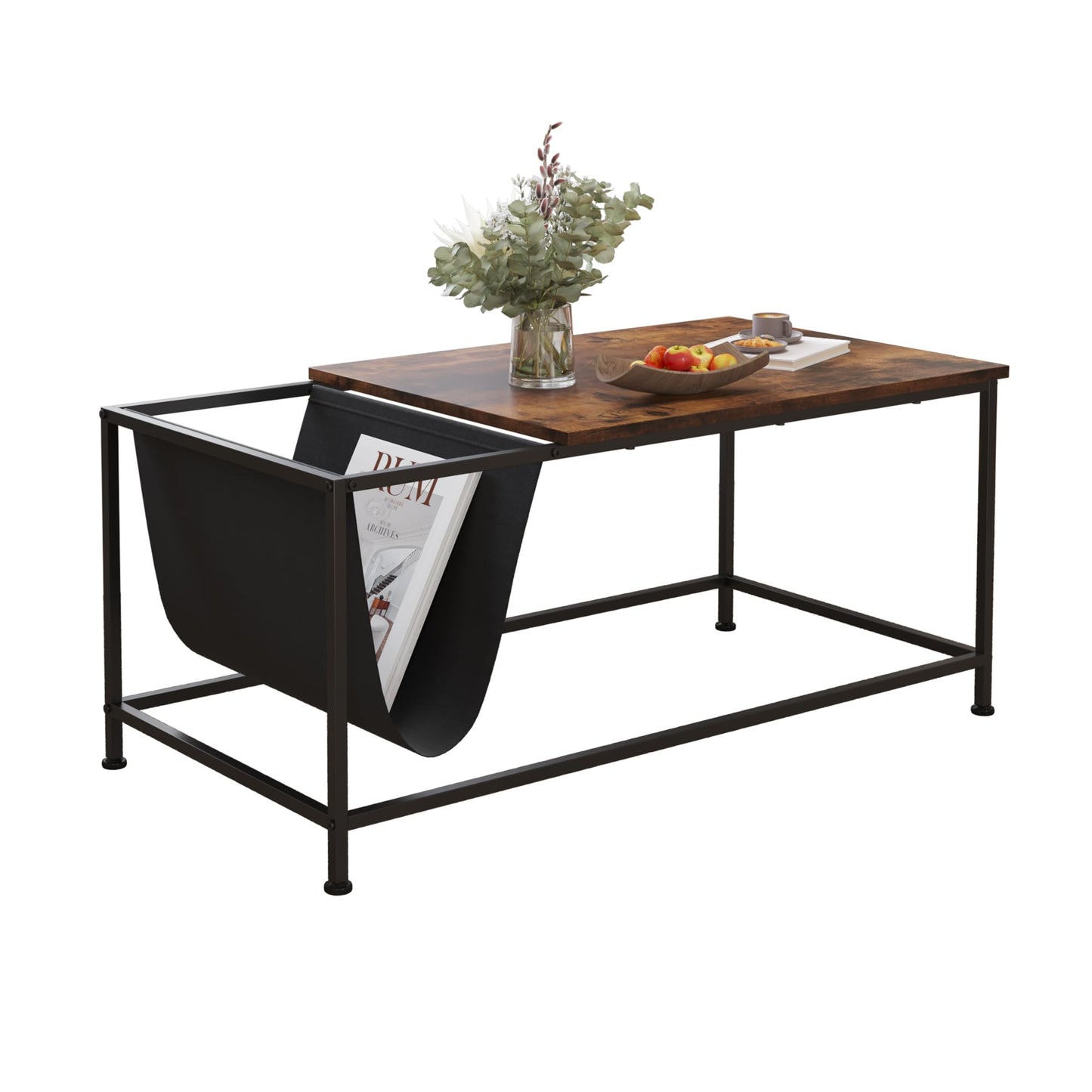 Brown Rectangle Wood and Metal Coffee Table with Storage Shelf for Small Living Rooms