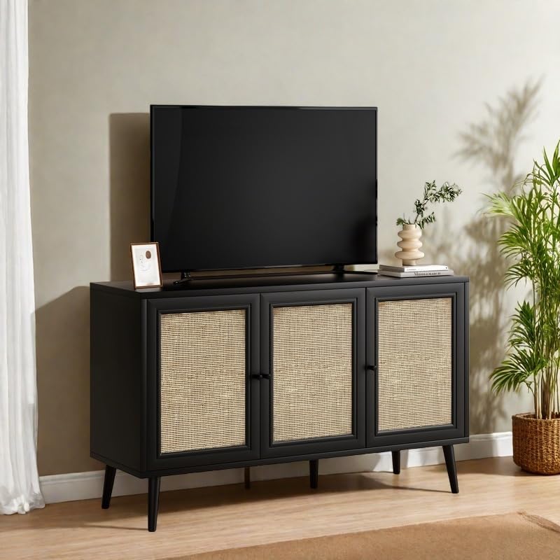 Rattan Entryway Table with Adjustable Shelf, Sideboard Buffet Cabinet with 3 Doors, Modern Console Cabinet with Large Storage for Living Room or Kitchen, Black
