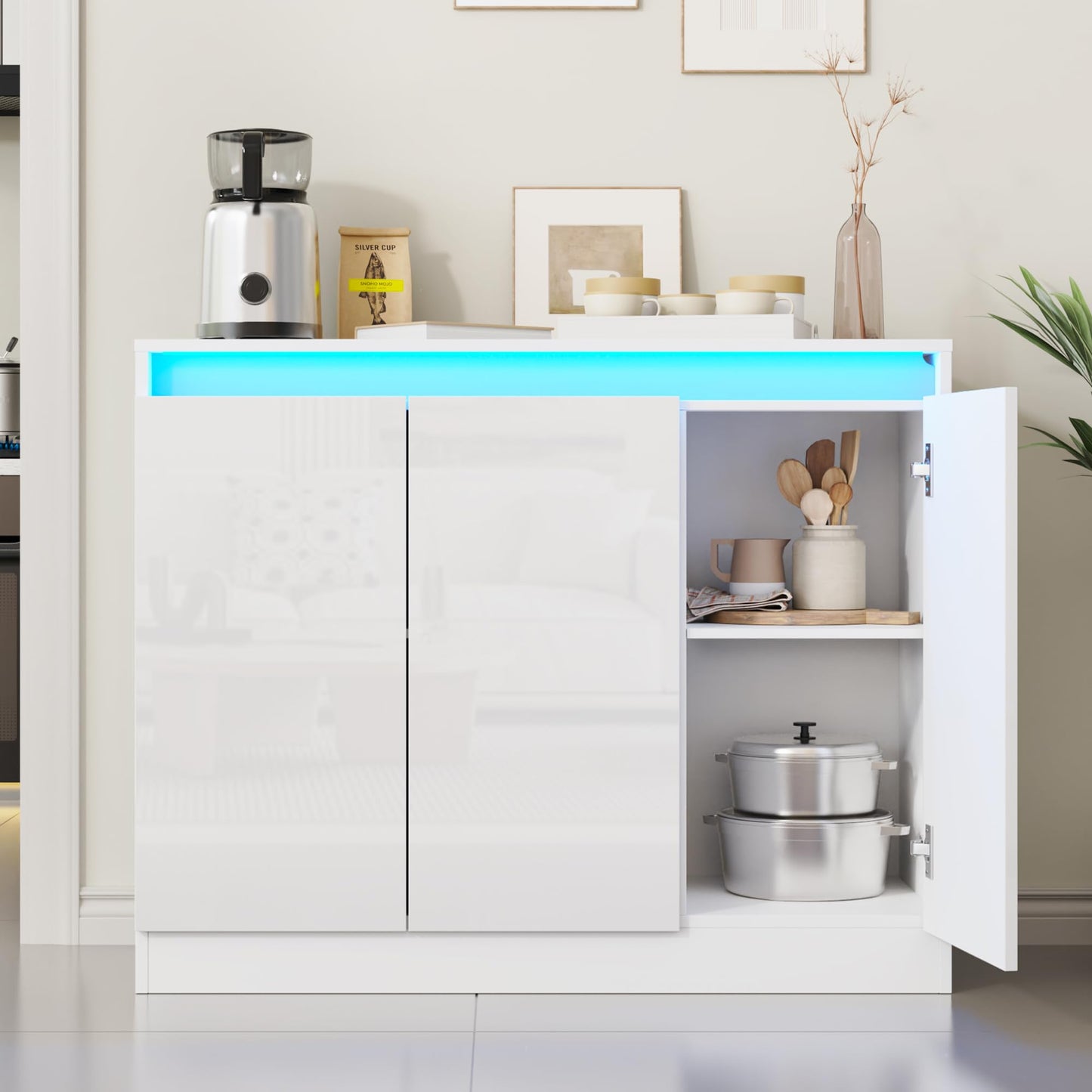High Gloss Buffet Cabinet with LED Lights and Charging Station, Modern Handleless Sideboard Coffee Bar with 3 Doors for Living Room or Entryway, White