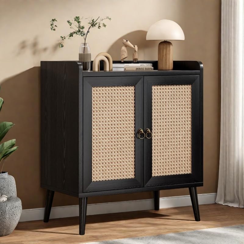 Rattan Buffet Cabinet with Round Pull Rings, Sideboard with 2 Doors and Ample Storage, Bar Liquor Shelf for Living Room or Hallway, Black