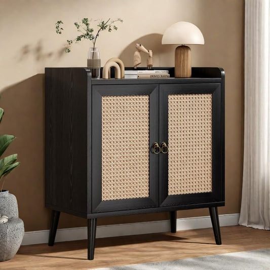 Rattan Buffet Cabinet with Round Pull Rings, Sideboard with 2 Doors and Ample Storage, Bar Liquor Shelf for Living Room or Hallway, Black