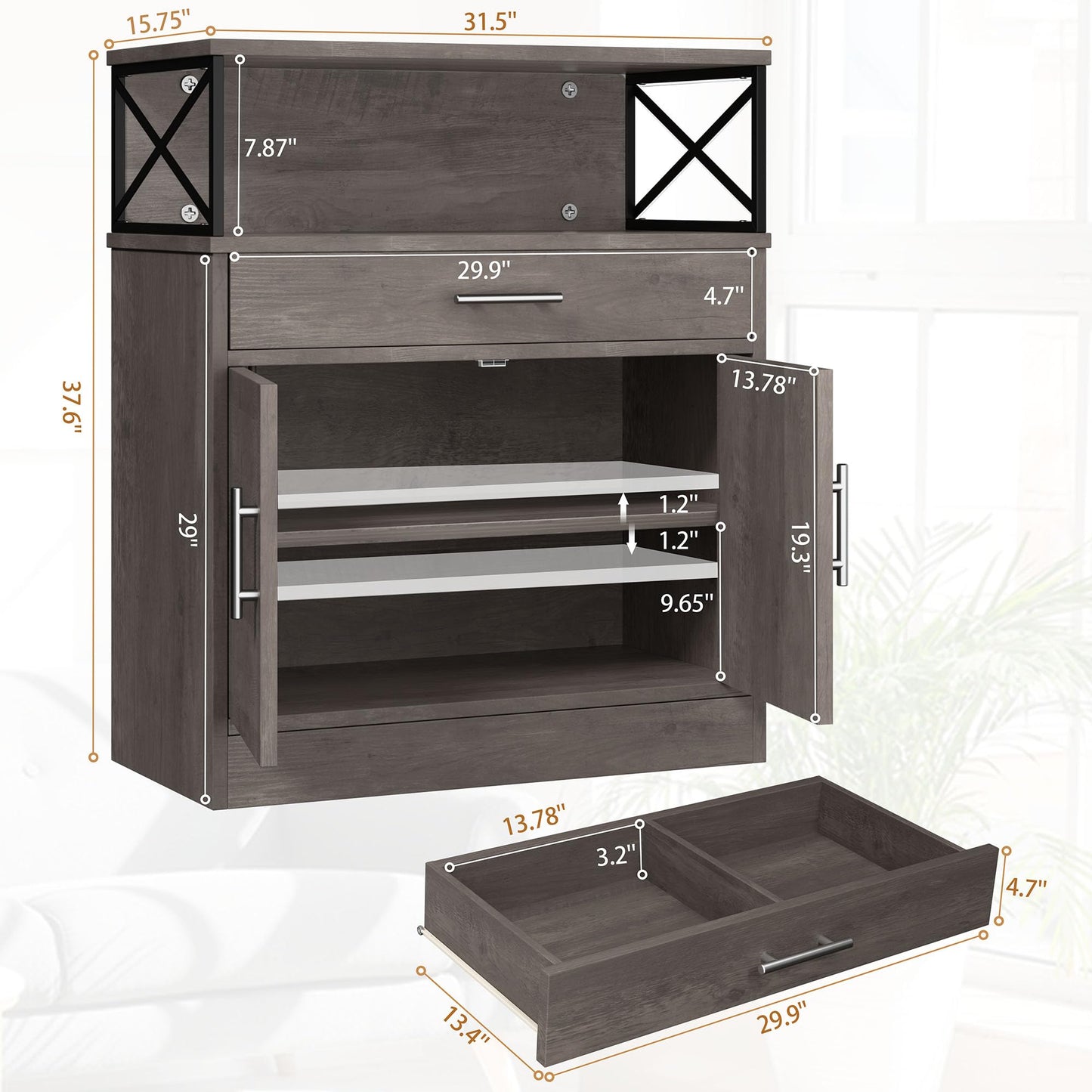 **Shintenchi Modern Kitchen Buffet Cabinet with Adjustable Shelf, Farmhouse Coffee Bar Storage Cabinet, Ash Grey**