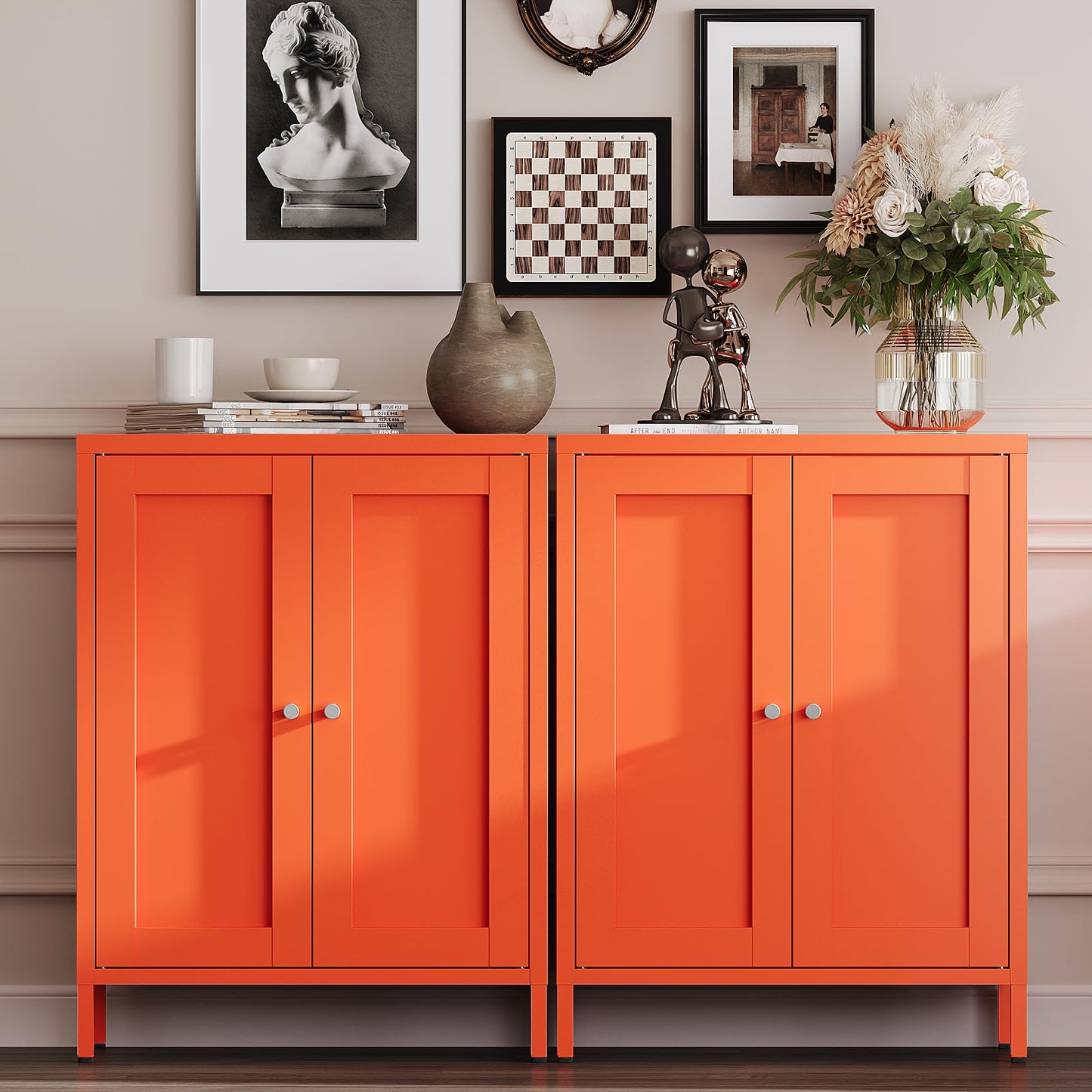 Metal Bathroom Storage Cabinet with 2 Doors and 2 Adjustable Shelves, Freestanding Sideboard for Small Spaces, Living Room or Dining Room, Orange