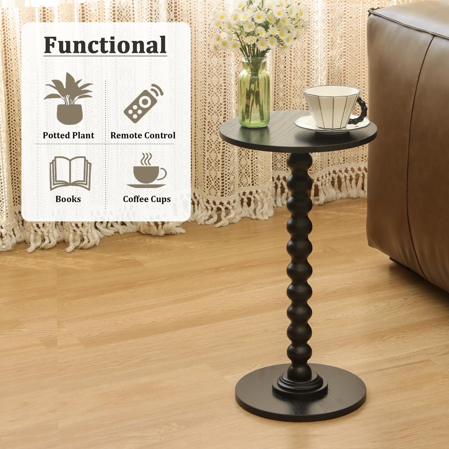 Round Side Table, Small Modern Drink Table with Solid Wood Legs for Living Room, Bedroom, Office, Black