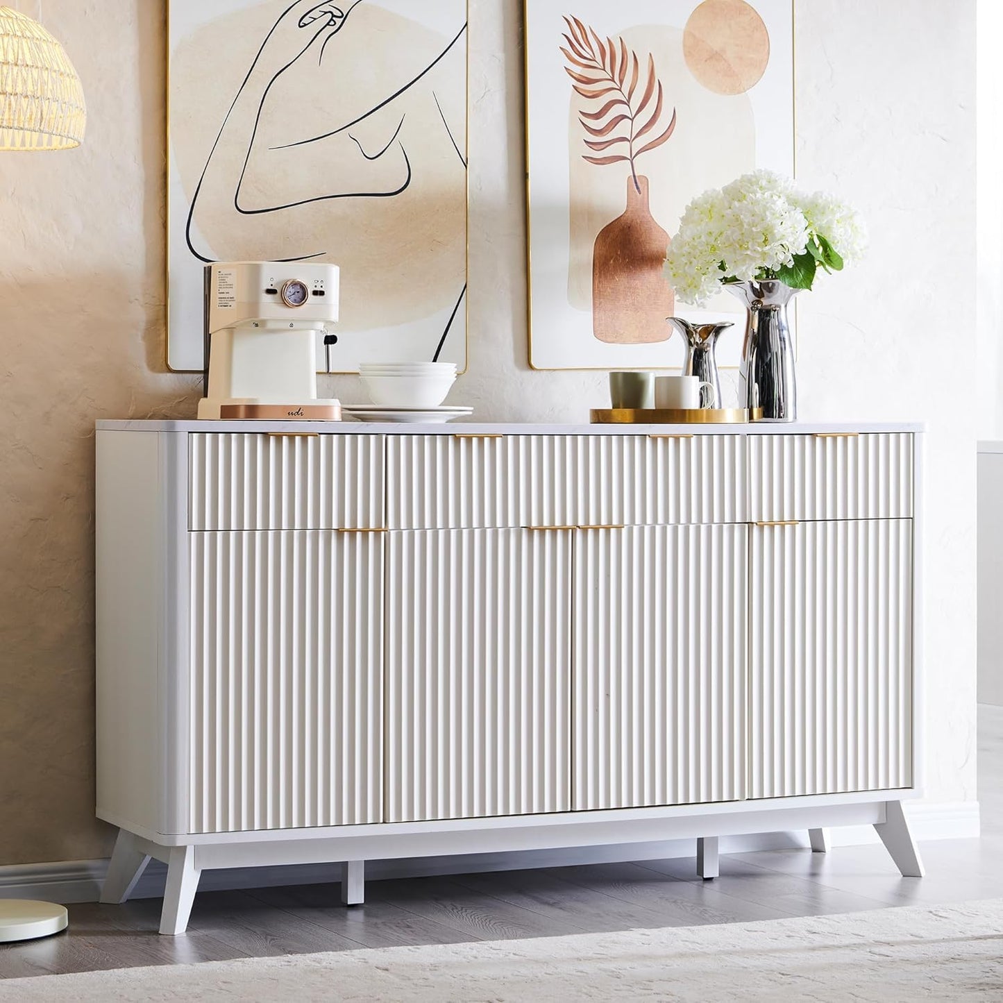 **T4TREAM 60" Fluted Modern Buffet Sideboard Cabinet with Storage, Large Buffet Table with 3 Drawers & 4 Doors for Dining Room, Living Room, or Hallway, Solid White**