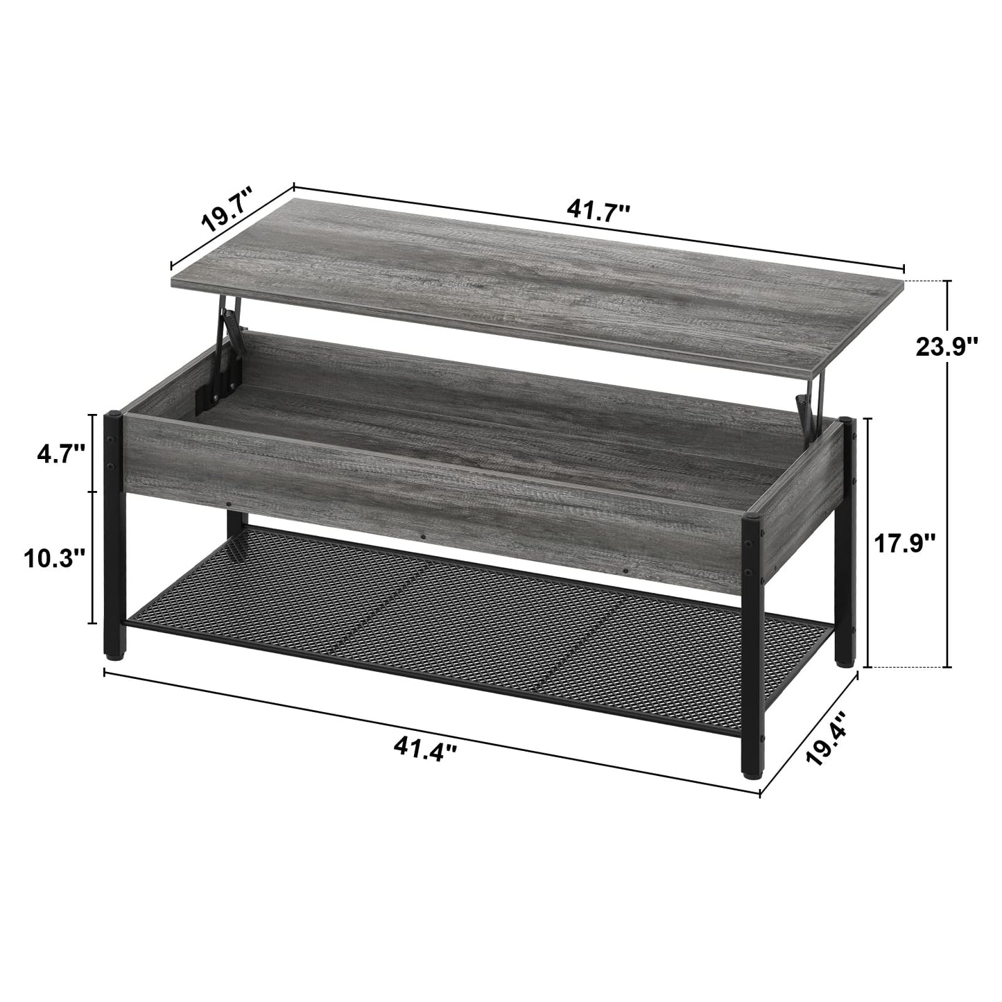 Lift Top Coffee Table with Storage Shelf and Hidden Compartment, Modern Wood and Metal Table for Living Room, Black Oak