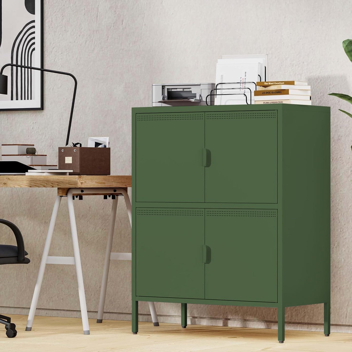 Metal Locker Storage Cabinet with 4 Doors and 3 Shelves, 39.96" Steel Storage Cabinet for Office, Home, Garage, Gym, or School