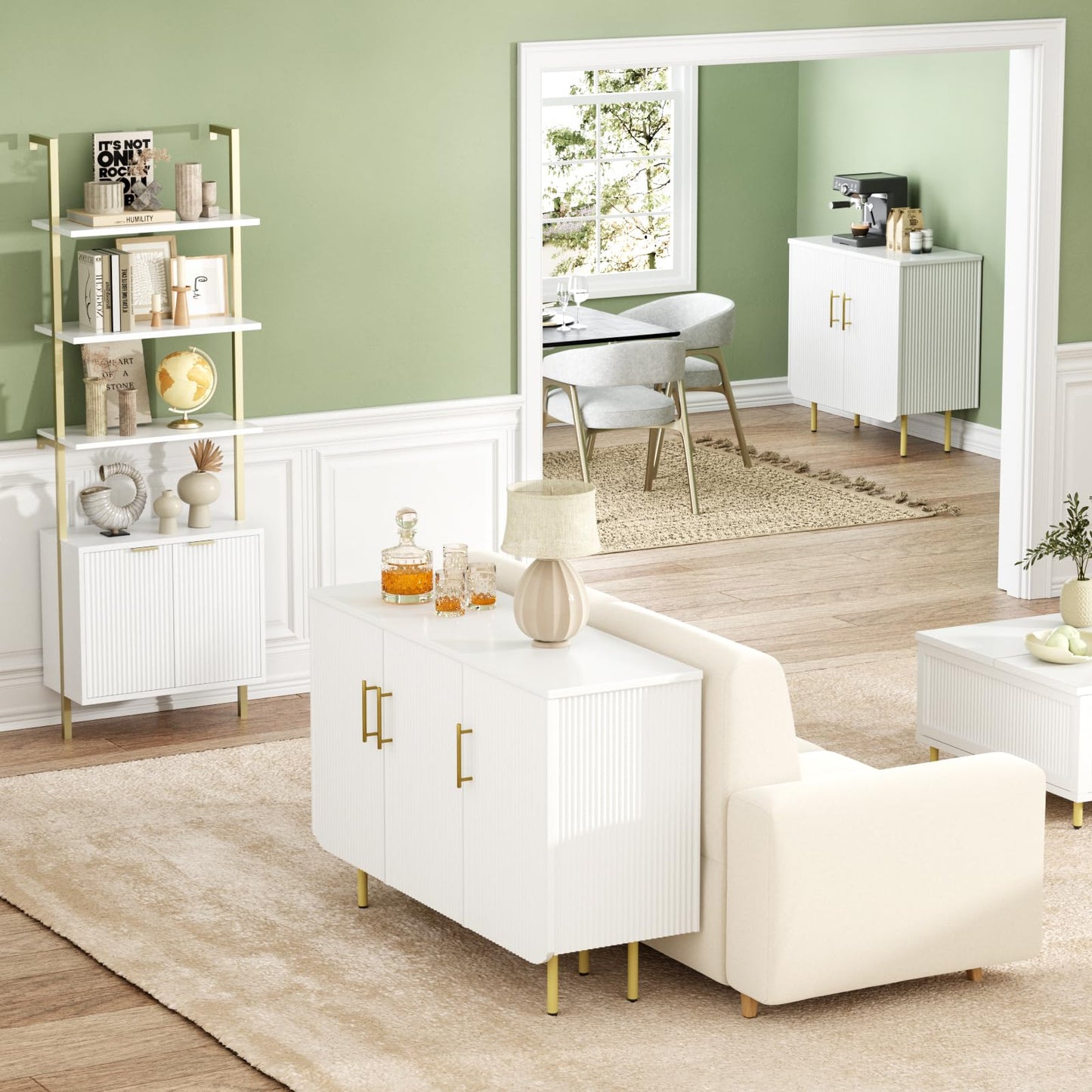 Buffet Cabinet with 2 Doors and Adjustable Shelf, Fluted Modern Sideboard Accent Cabinet for Living Room, White