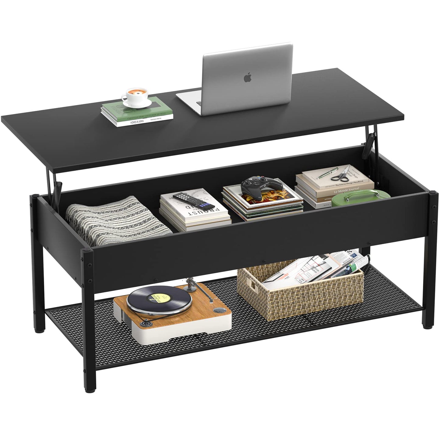 Lift Top Coffee Table with Storage Shelf and Hidden Compartment, Modern Wood and Metal Table for Living Room, Black