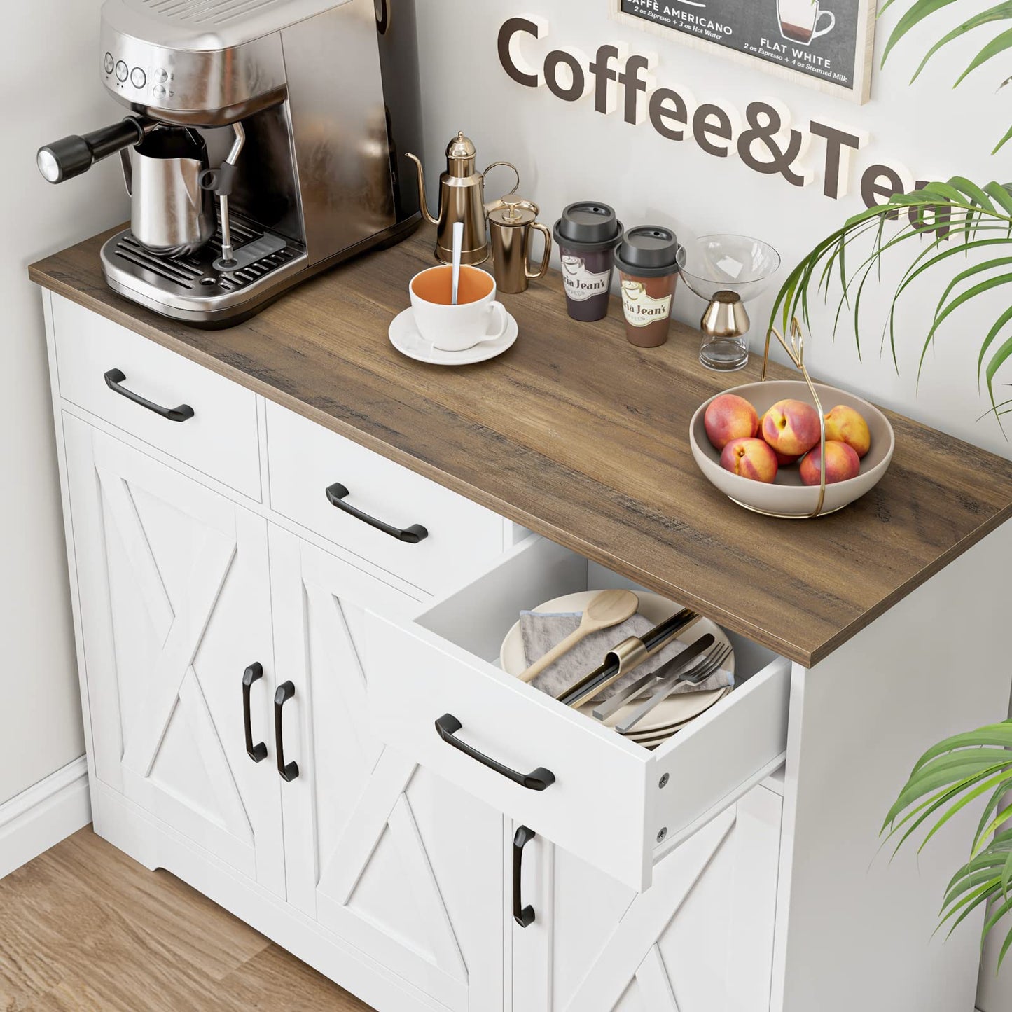 **HOSTACK Modern Farmhouse Sideboard Buffet Cabinet with Barn Doors, Drawers, and Shelves, Wood Coffee Bar Storage Cabinet for Kitchen, Dining Room, or Living Room, White**