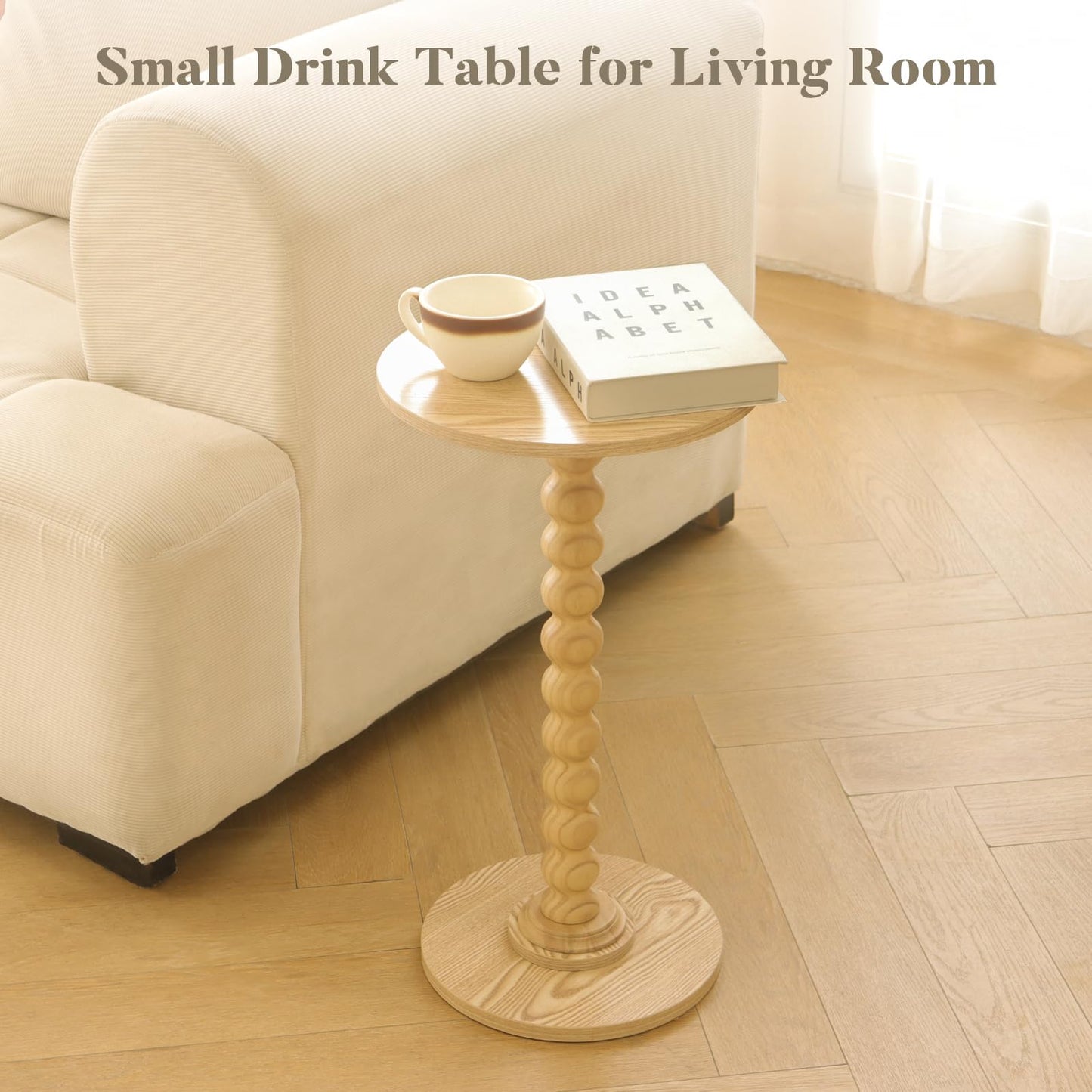 Round Side Table, Small Modern Drink Table with Solid Wood Legs for Living Room, Bedroom, Office, Natural