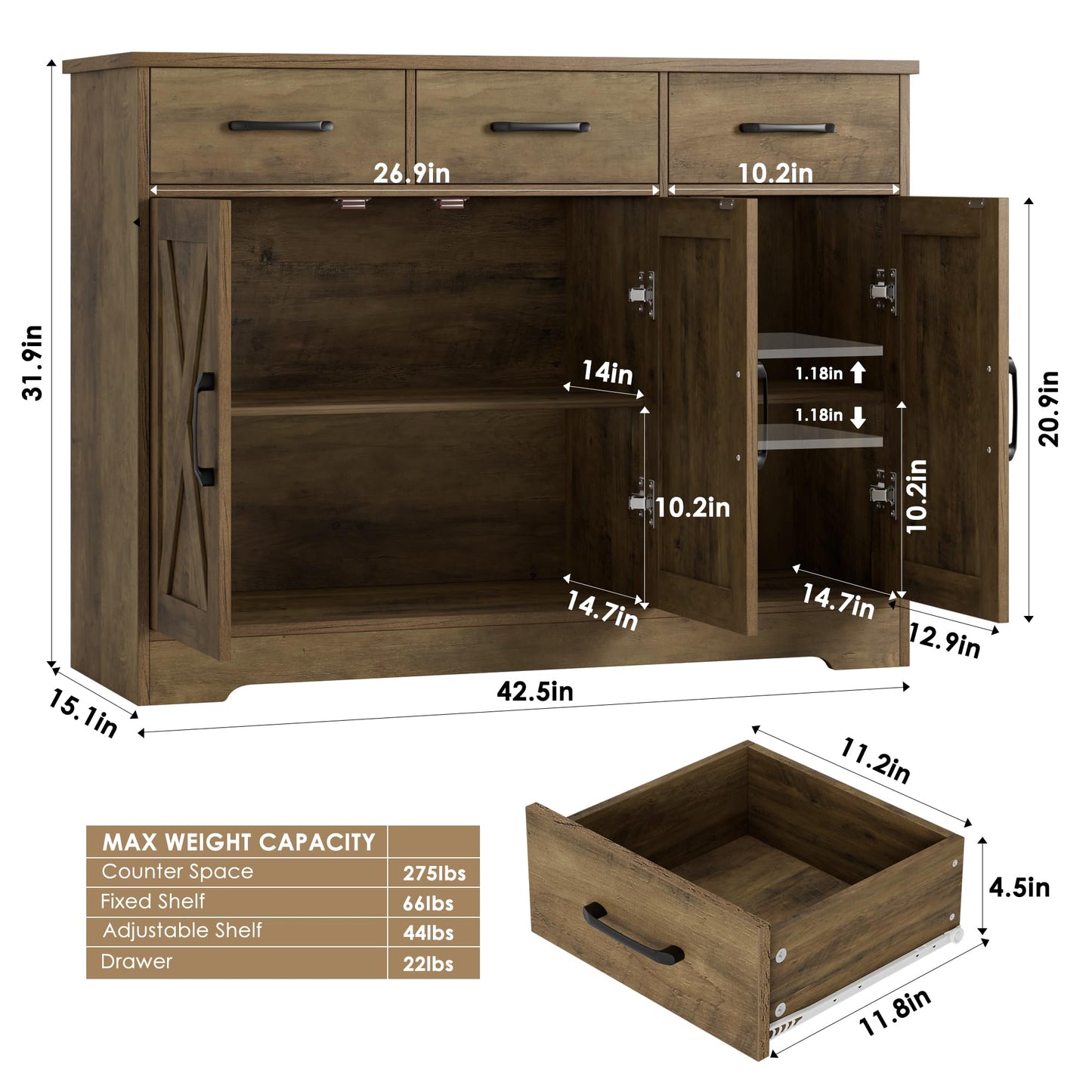 **HOSTACK Modern Farmhouse Buffet Sideboard Cabinet with Barn Doors, Drawers, and Shelves, Wood Coffee Bar Station for Dining Room, Kitchen, or Living Room, Rustic Brown**