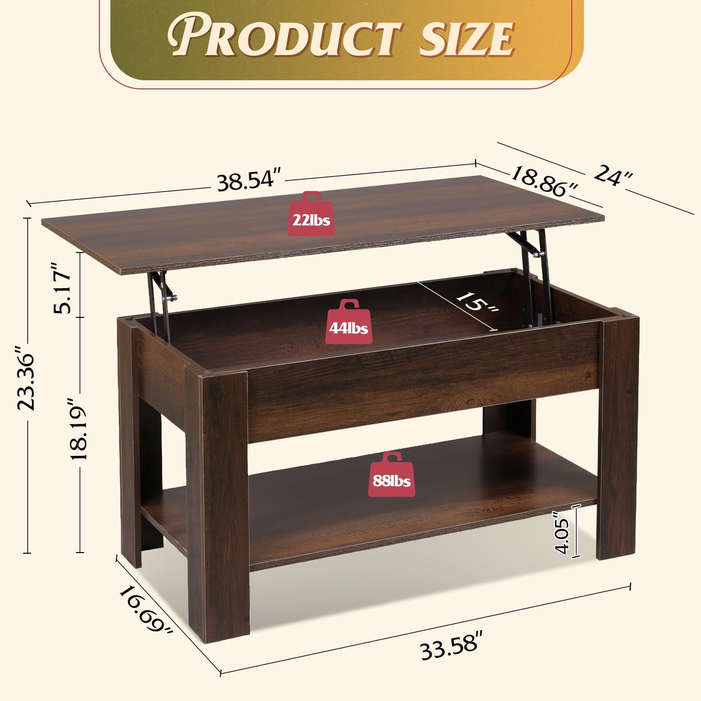 39" Lift Top Coffee Table with Hidden Compartment and Storage Shelf for Living Room or Office, Espresso