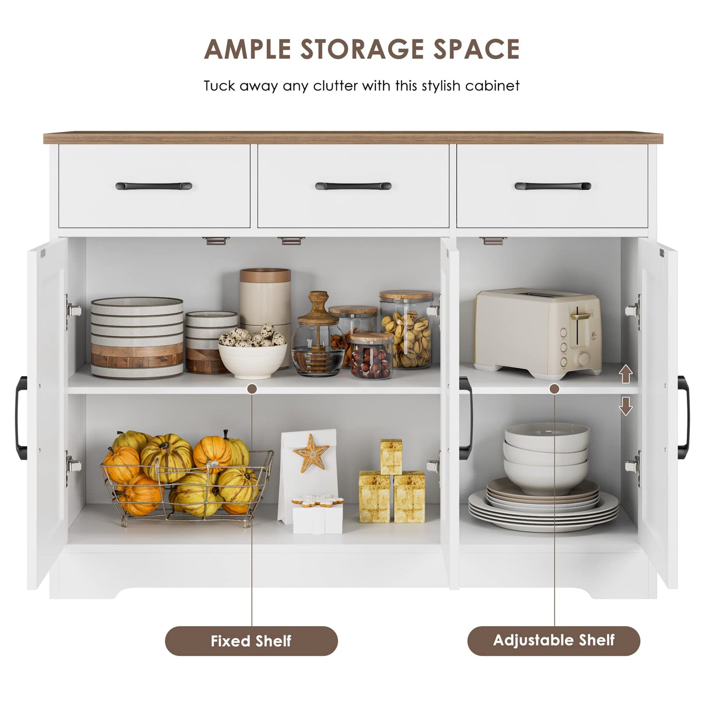 **HOSTACK Modern Farmhouse Sideboard Buffet Cabinet with Barn Doors, Drawers, and Shelves, Wood Coffee Bar Storage Cabinet for Kitchen, Dining Room, or Living Room, White**