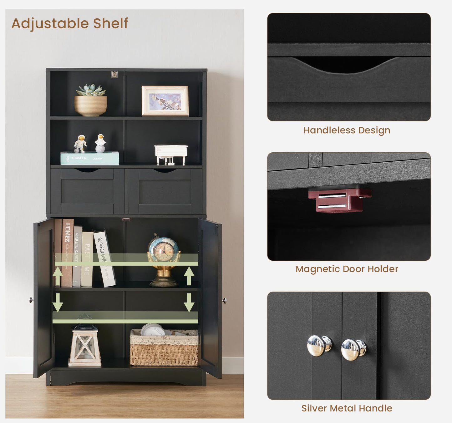 Tall Storage Cabinet with 2 Drawers and Adjustable Shelves, Black Bathroom or Living Room Cabinet for Dining Room or Entryway