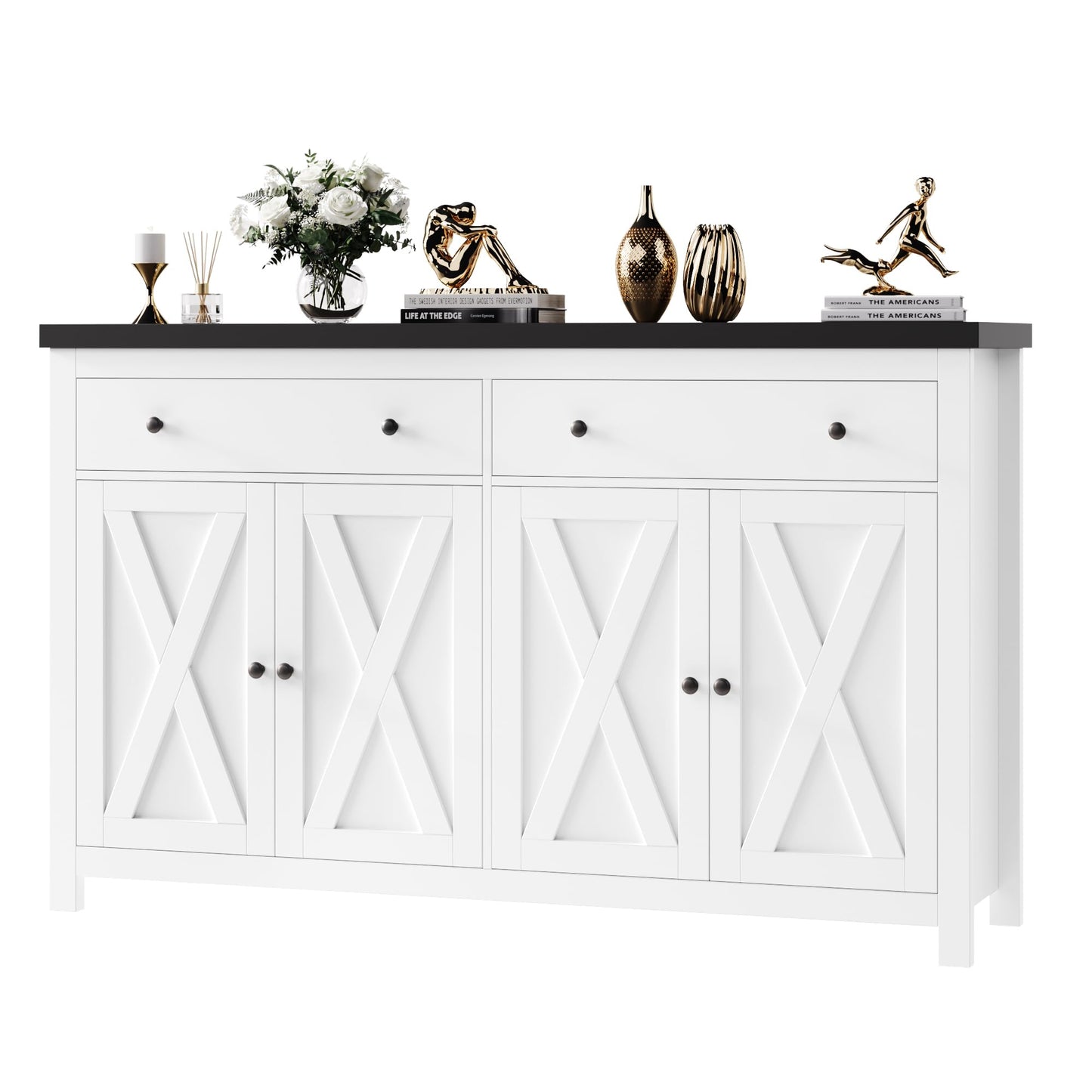 55" Large Sideboard Buffet Cabinet with 2 Drawers and 4 Doors, Wood Storage Buffet Table for Kitchen or Dining Room, White/Black