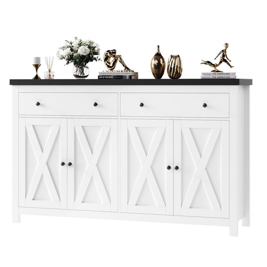 55" Large Sideboard Buffet Cabinet with 2 Drawers and 4 Doors, Wood Storage Buffet Table for Kitchen or Dining Room, White/Black