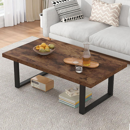 IBF 47" Rustic Rectangle Coffee Table – Industrial Farmhouse Wooden Center Table with Metal Frame, Modern Minimalist Living Room Table for Home, Bedroom, or Office, Rustic Brown