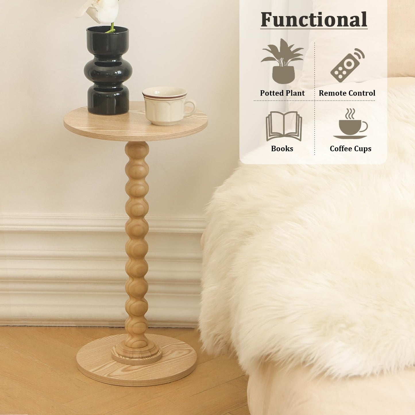 Round Side Table, Small Modern Drink Table with Solid Wood Legs for Living Room, Bedroom, Office, Natural