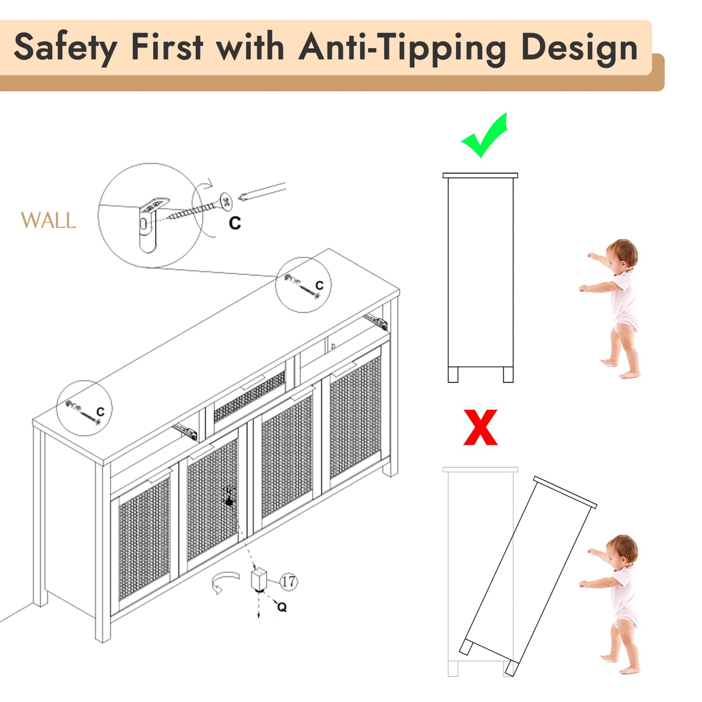 Boho Rattan Sideboard Buffet Cabinet with 4 Doors and 3 Drawers, Farmhouse Storage Credenza with Adjustable Shelves for Living Room, Hallway, or Kitchen