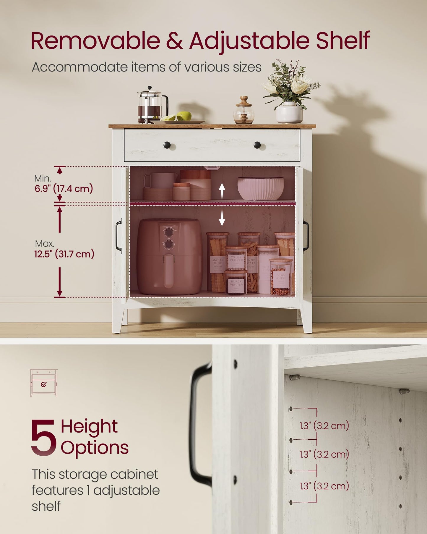 **Buffet Cabinet, Coffee Bar Cabinet with Drawer, Adjustable Shelf, Sideboard Storage with Cable Hole and Drawer Divider, Rustic White and Honey Brown**