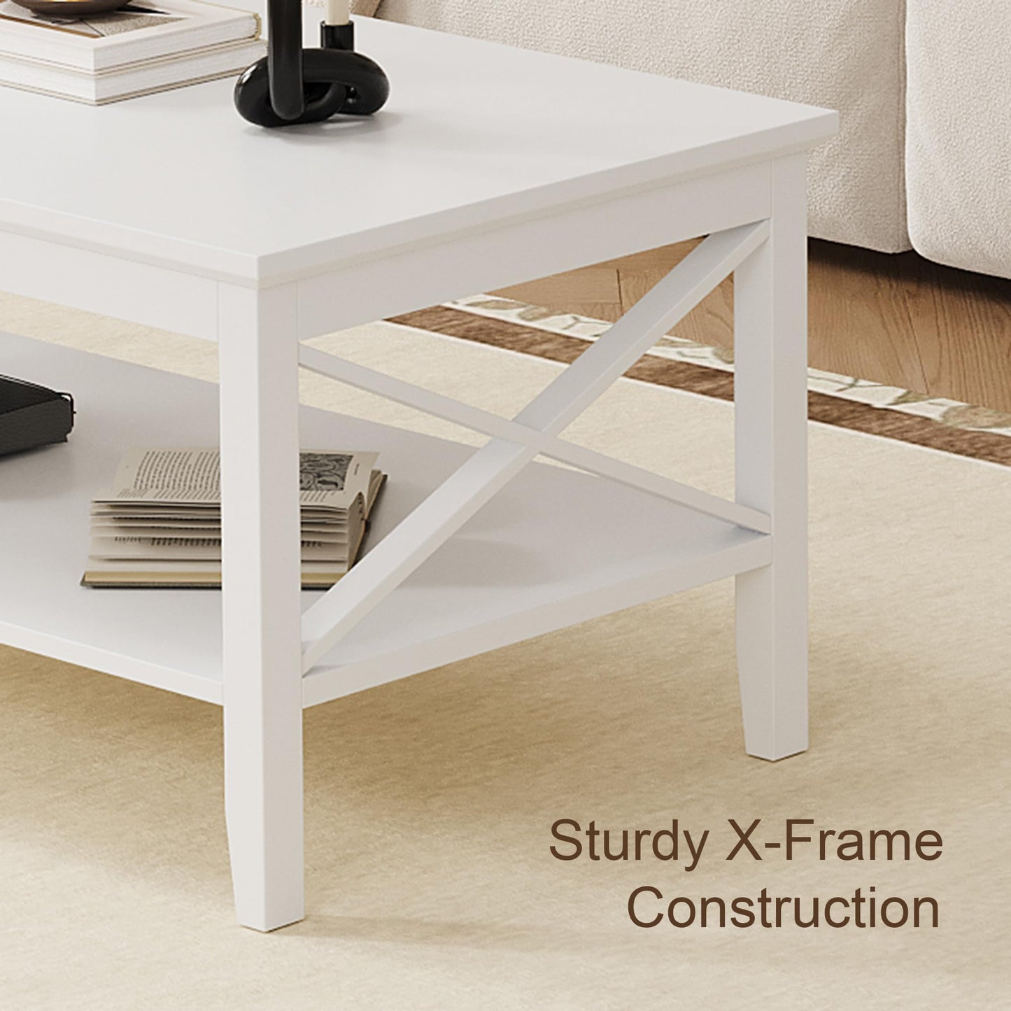 White Rectangular Coffee Table with X Design and Storage Shelf, 39 Inch Modern Living Room Table